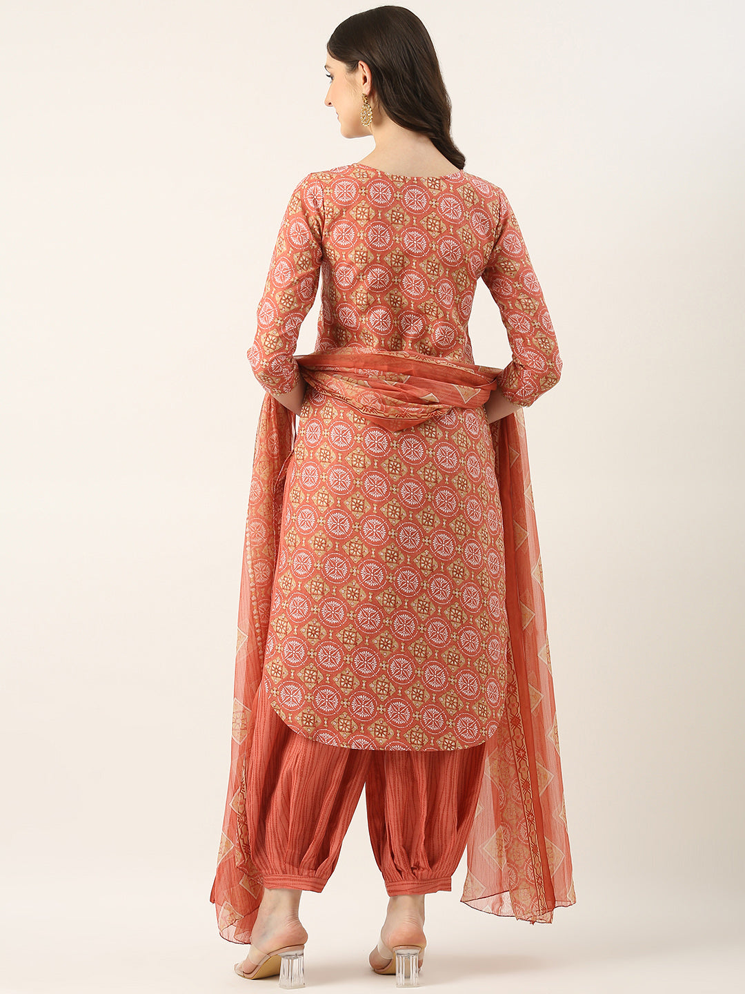 Bollywood Vogue Ready To Wear Pink Semi Cotton Printed Salwar Suit - Back View