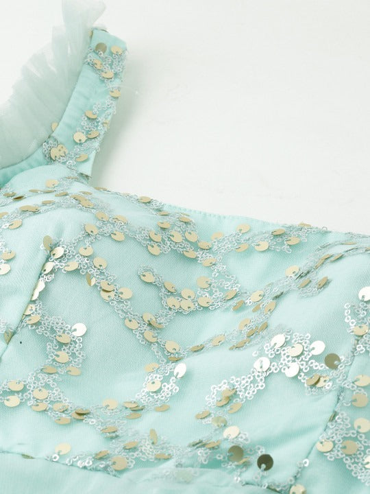 Bollywood Vogue Ready To Wear Sea Blue Embroidered Asymmetrical Gown - Detail View