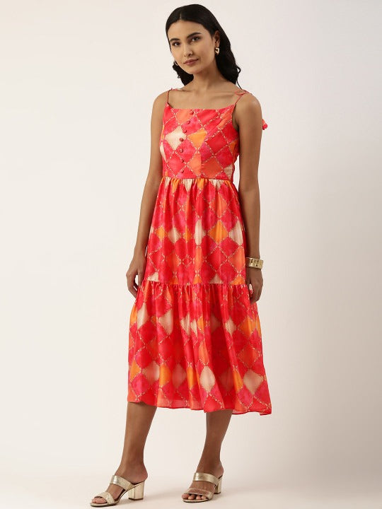Bollywood Vogue Ready To Wear Multicolor Printed Gathered Style Midi Dress - Detail View
