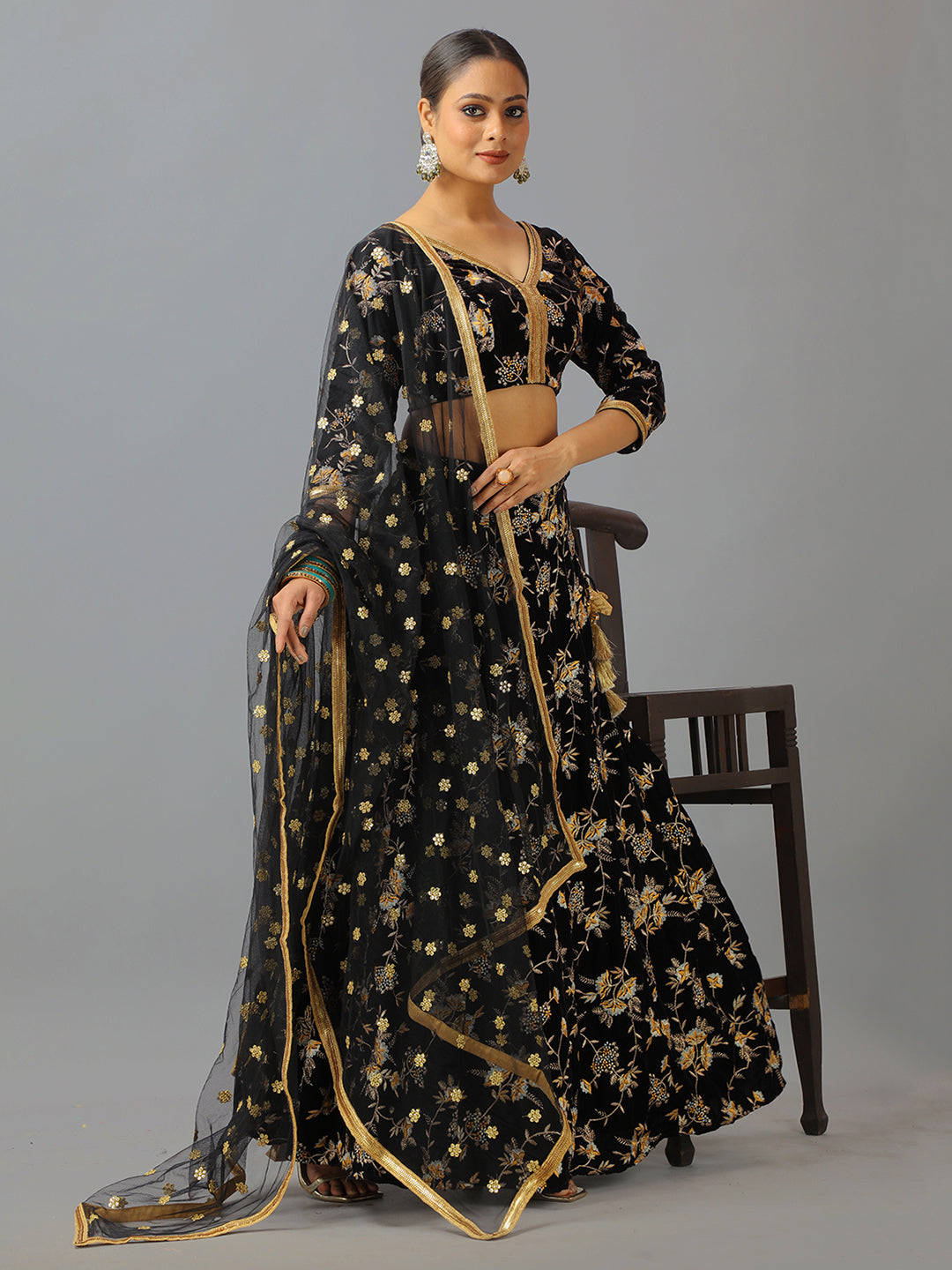 Bollywood Vogue Ready To Wear Black Velvet Embroidered Lehenga Set - Side View
