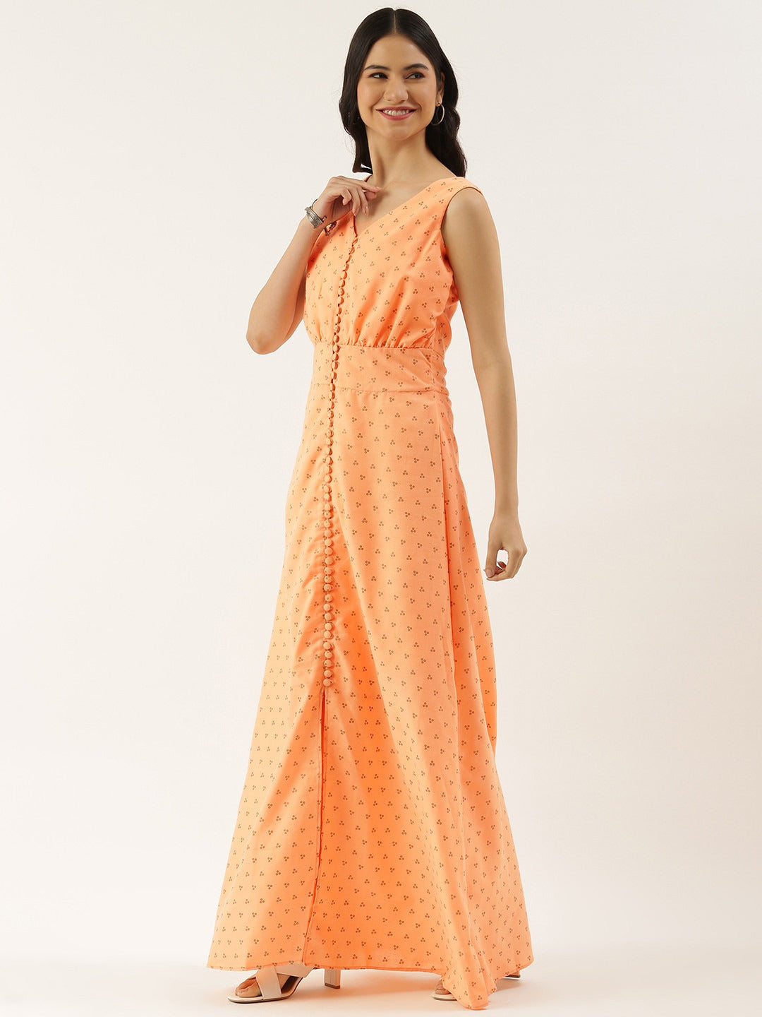 Bollywood Vogue Ready To Wear Peach Foil Printed Cotton Maxi Dress - Side View