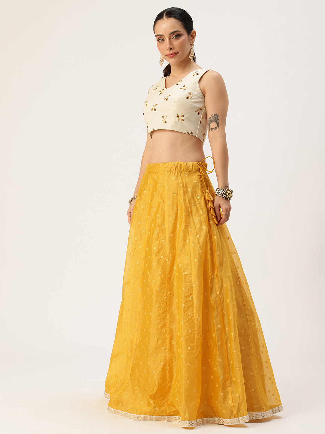 Bollywood Vogue Ready To Wear Off White N Mustard Embroidered Cotton Lehenga Set - Side View
