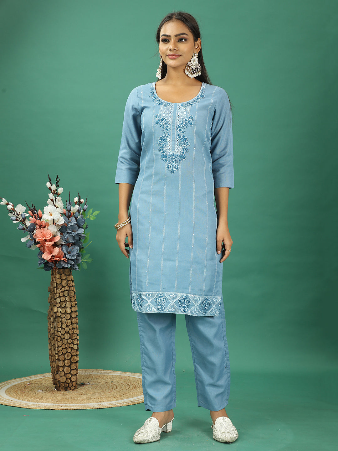 Bollywood Vogue Ready To Wear Blue Rayon Embroidered Straight Pant Suit - Side View