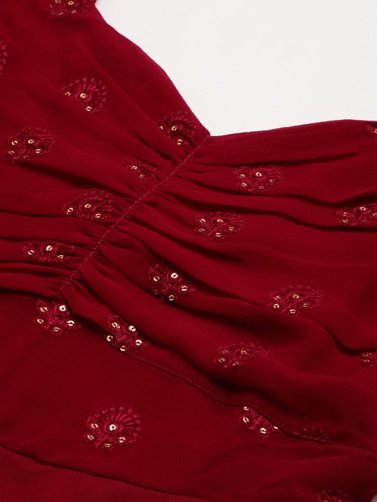Bollywood Vogue Ready To Wear Maroon N Red Embroidered Dress - Detail View