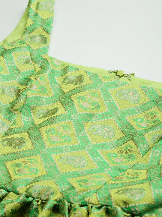 Bollywood Vogue Ready To Wear Green Patola Strap neckline Dress - Look Shot