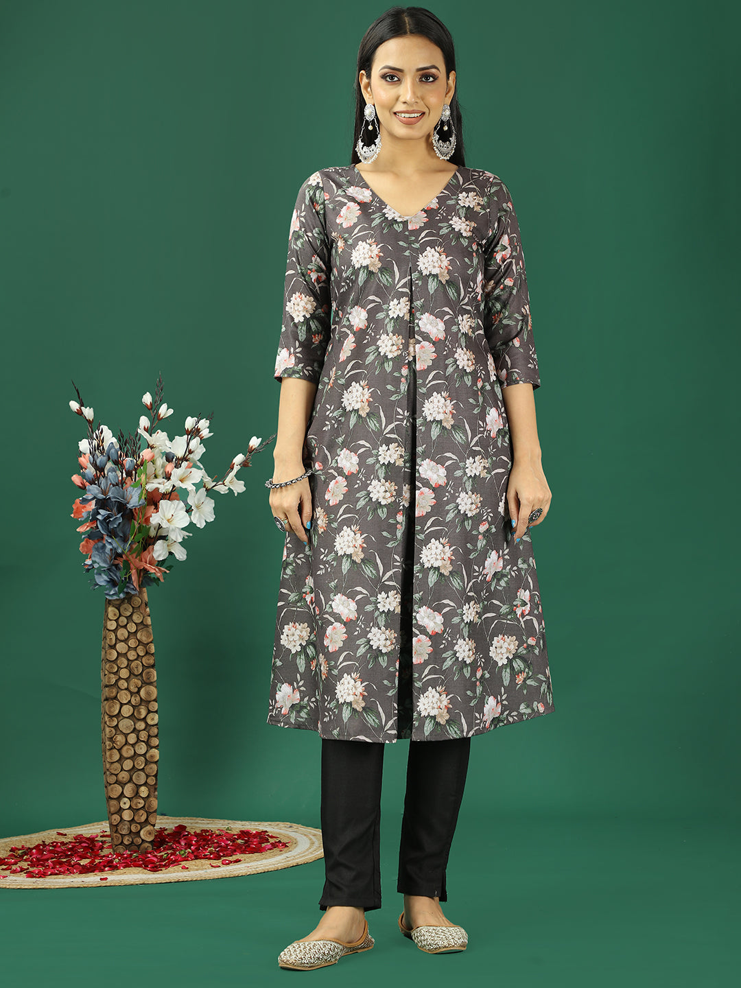 Bollywood Vogue Ready To Wear Grey Printed Cotton Box Pleat Style Kurta Set - Additional View 2