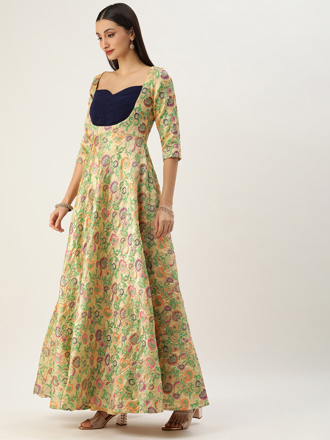 Bollywood Vogue Ready To Wear Beige Art Silk Jacquard Pleated Yoke Gown - Side View