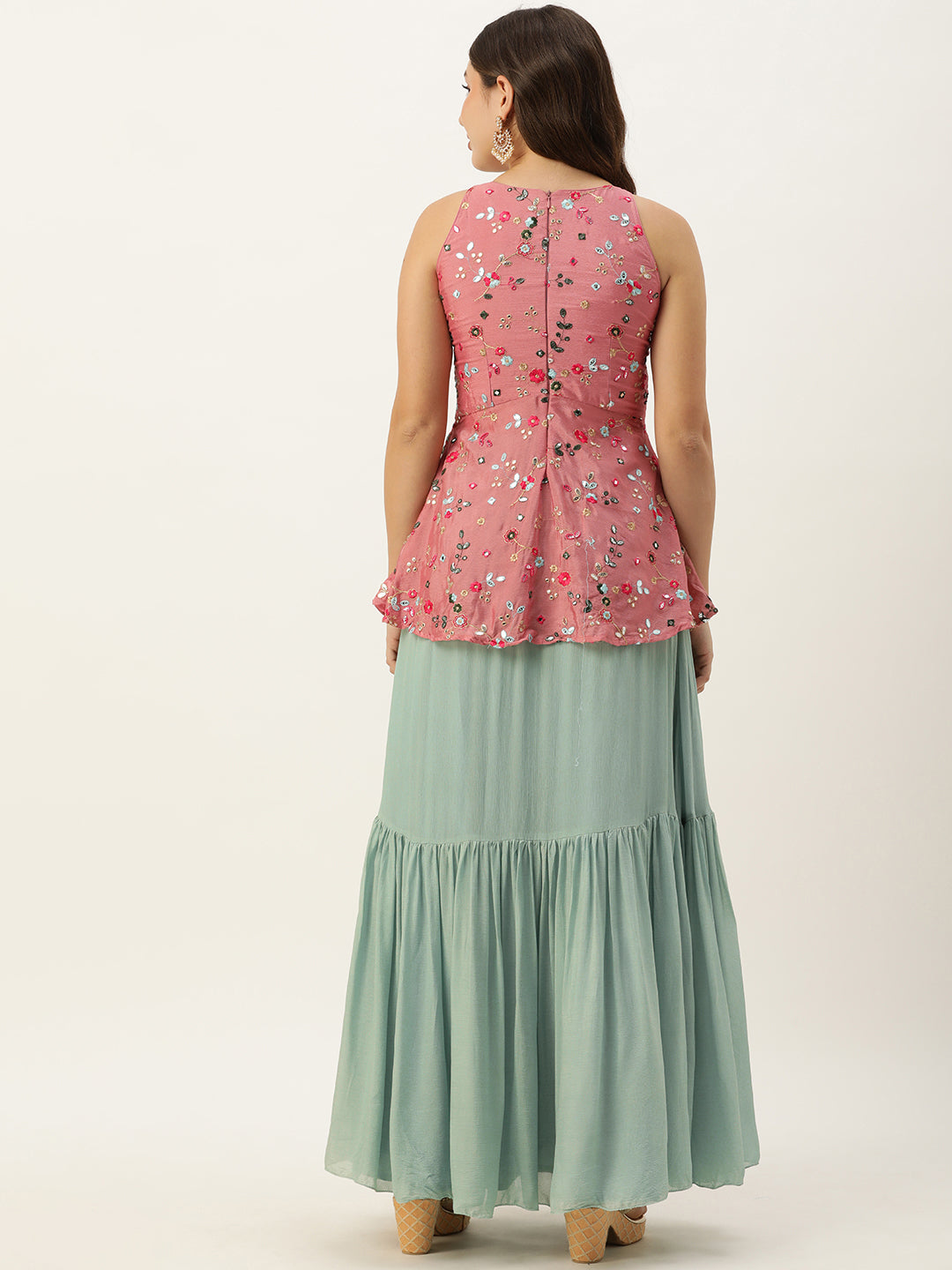Bollywood Vogue Ready To Wear Rouge Pink N Blue Chinon Embroidered Skirt Set - Side View