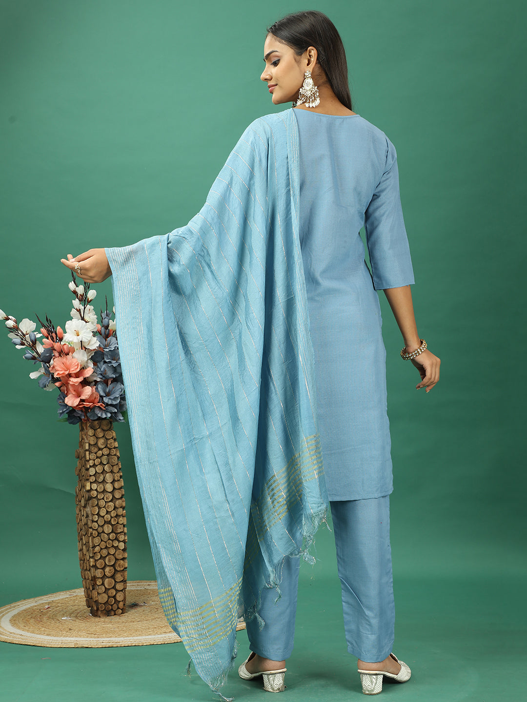Bollywood Vogue Ready To Wear Blue Rayon Embroidered Straight Pant Suit - Back View