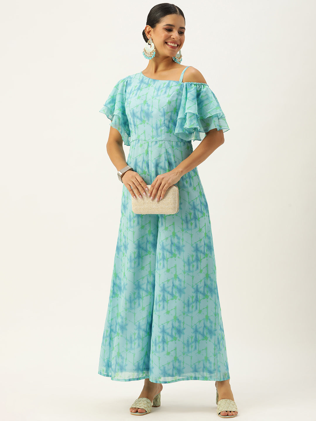 Bollywood Vogue Ready To Wear Blue Digital Printed Georgette Jumpsuit - Front View