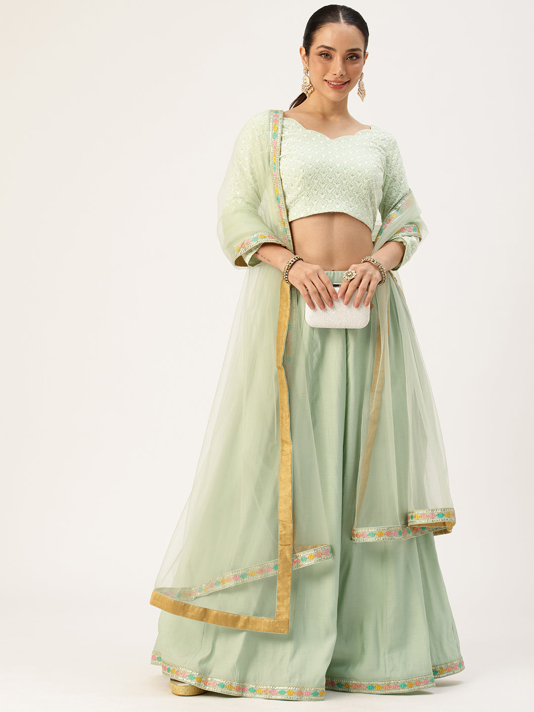 Bollywood Vogue Ready To Wear Mint Green Embroidered Kali Style Lehenga Set - Detail View