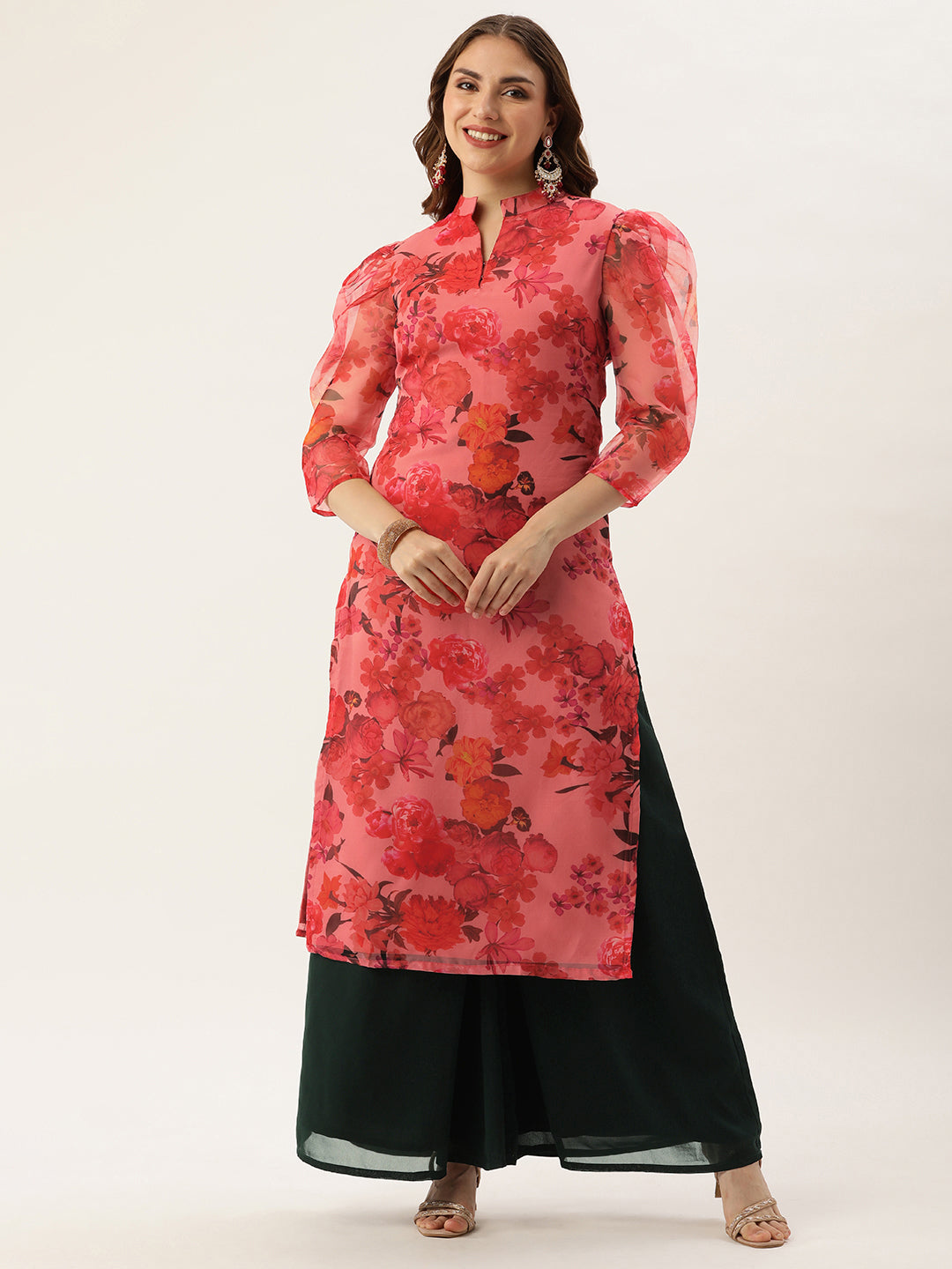 Bollywood Vogue Ready To Wear Pink Organza N Green Kurta Palazzo Set - Front View