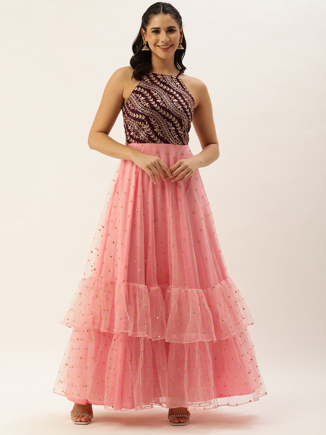 Bollywood Vogue Ready To Wear Pink N Wine Chinon Embroidered Gown - Front View