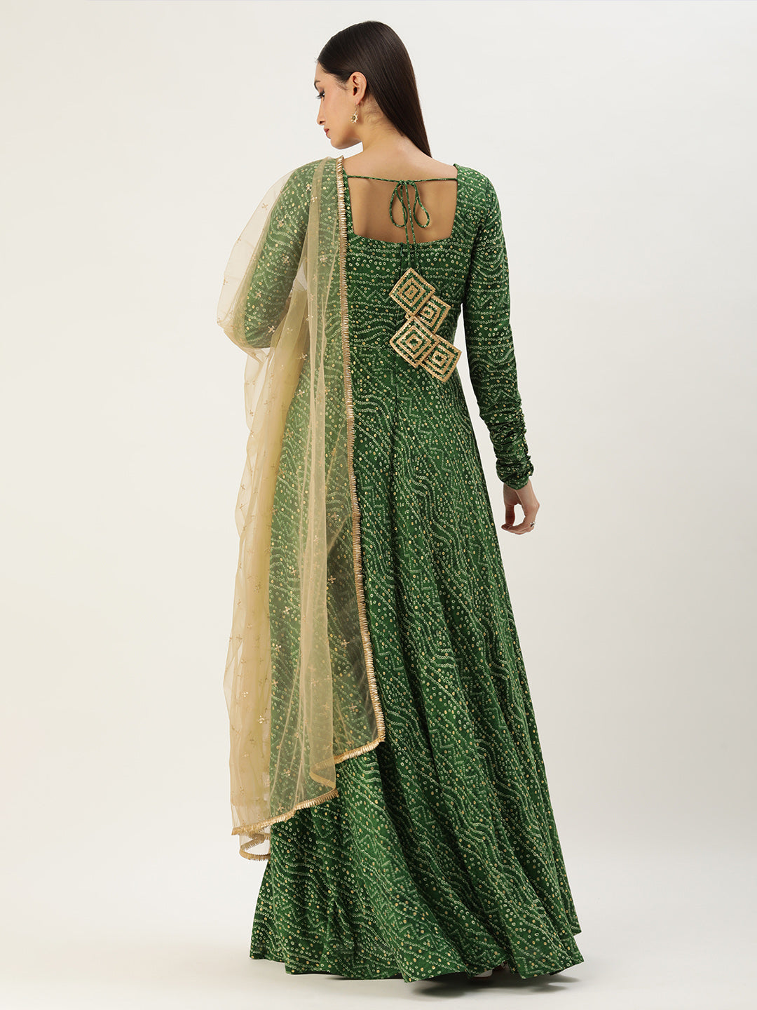 Bollywood Vogue Ready To Wear Green Bandhani Printed Rayon Gown With Dupatta Set - Side View