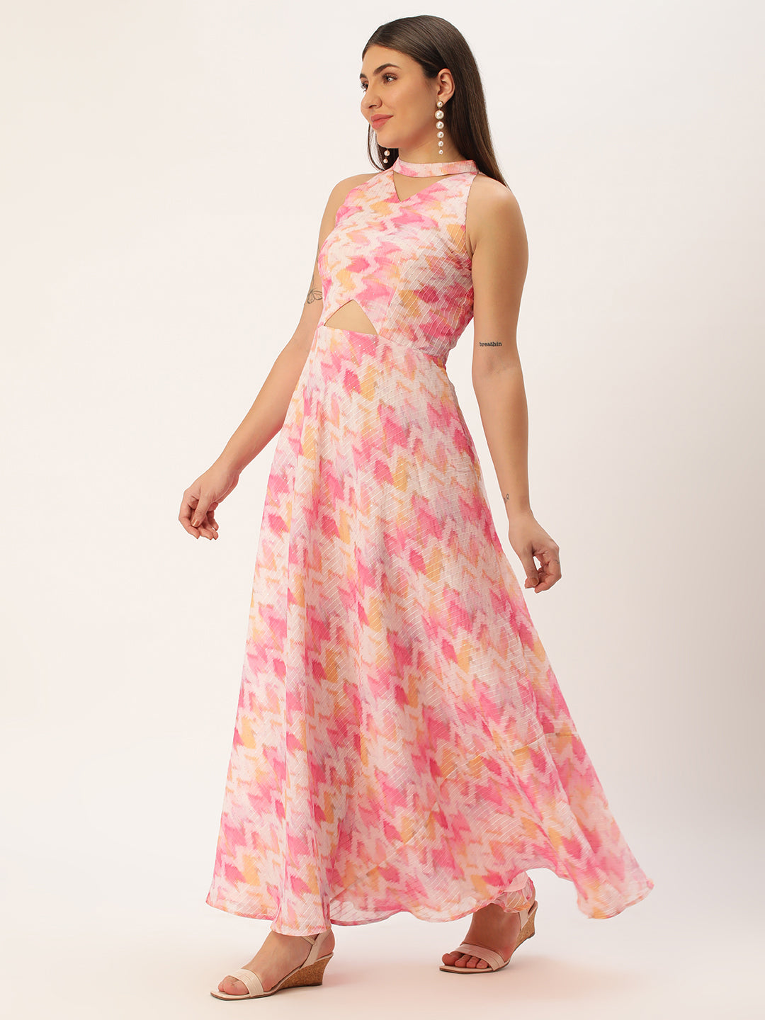 Bollywood Vogue Ready To Wear Multicolored Georgette Printed Halter Neck Dress - Side View