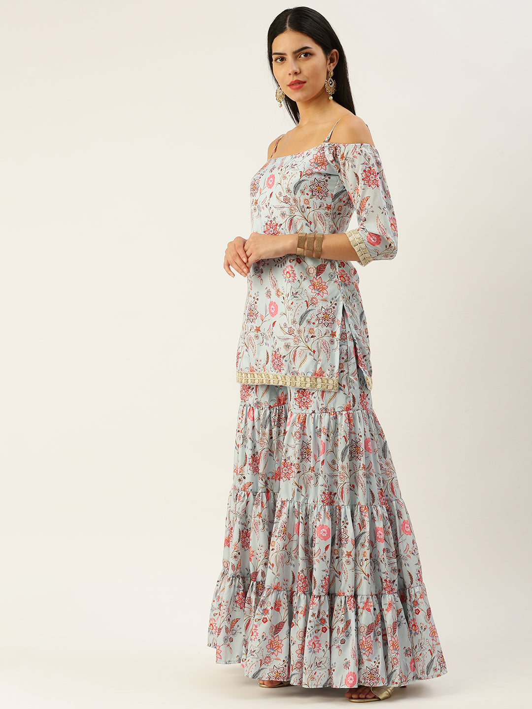 Bollywood Vogue Ready To Wear Pale Blue Lily Art Silk Printed Gharara Set - Side View