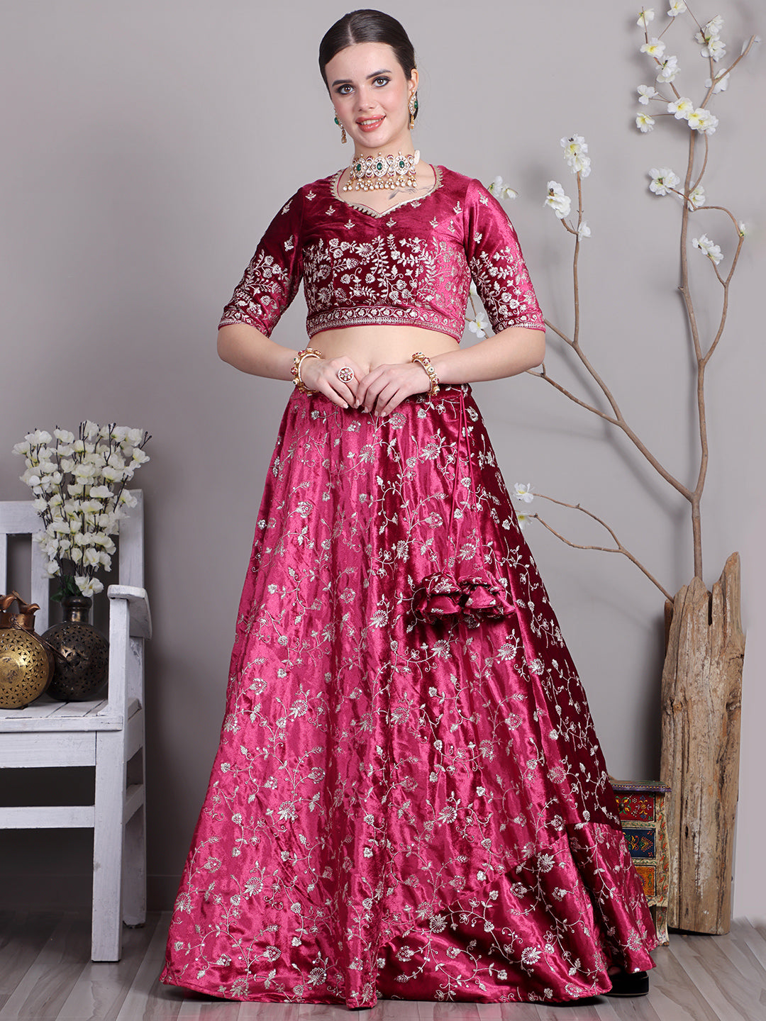 Bollywood Vogue Ready To Wear Classic Blouse With Pink Velvet Embroidered Lehenga - Look Shot