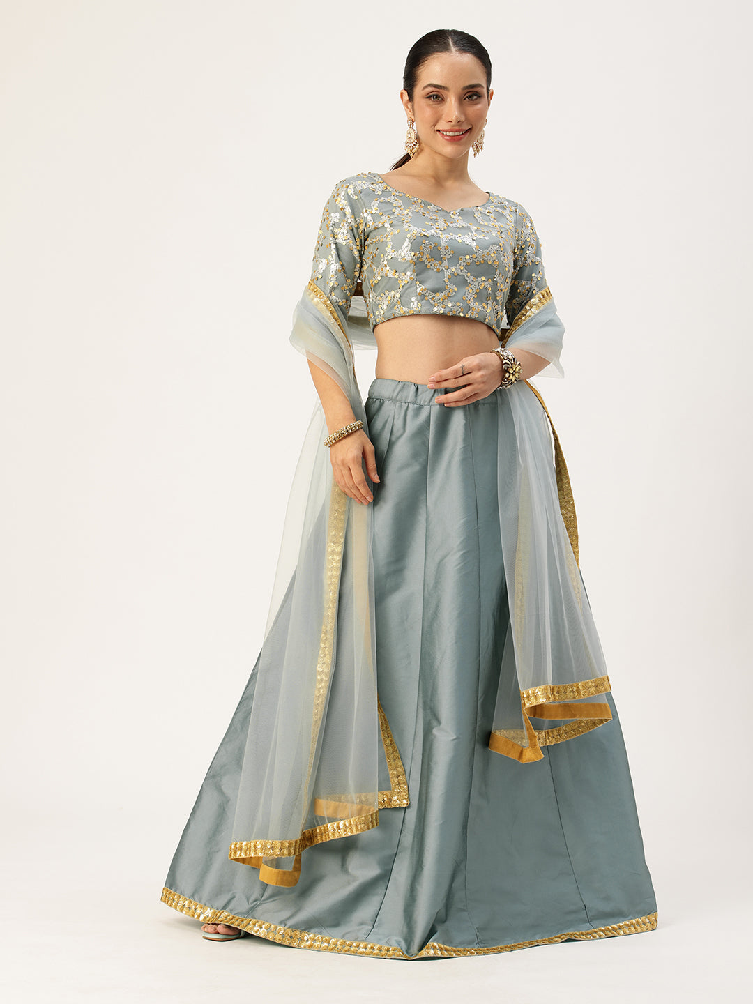 Bollywood Vogue Ready To Wear Blue Embroidered Net And Taffeta Kali Lehenga Set - Front View