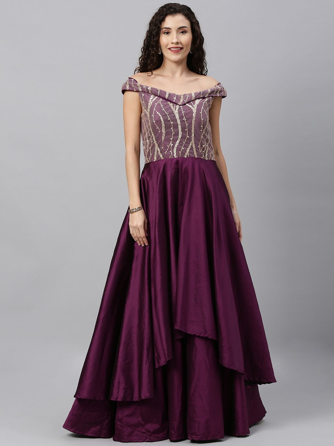 Bollywood Vogue Ready To Wear Dark Purple N Pink Embroidered Off Shoulder Gown - Front View