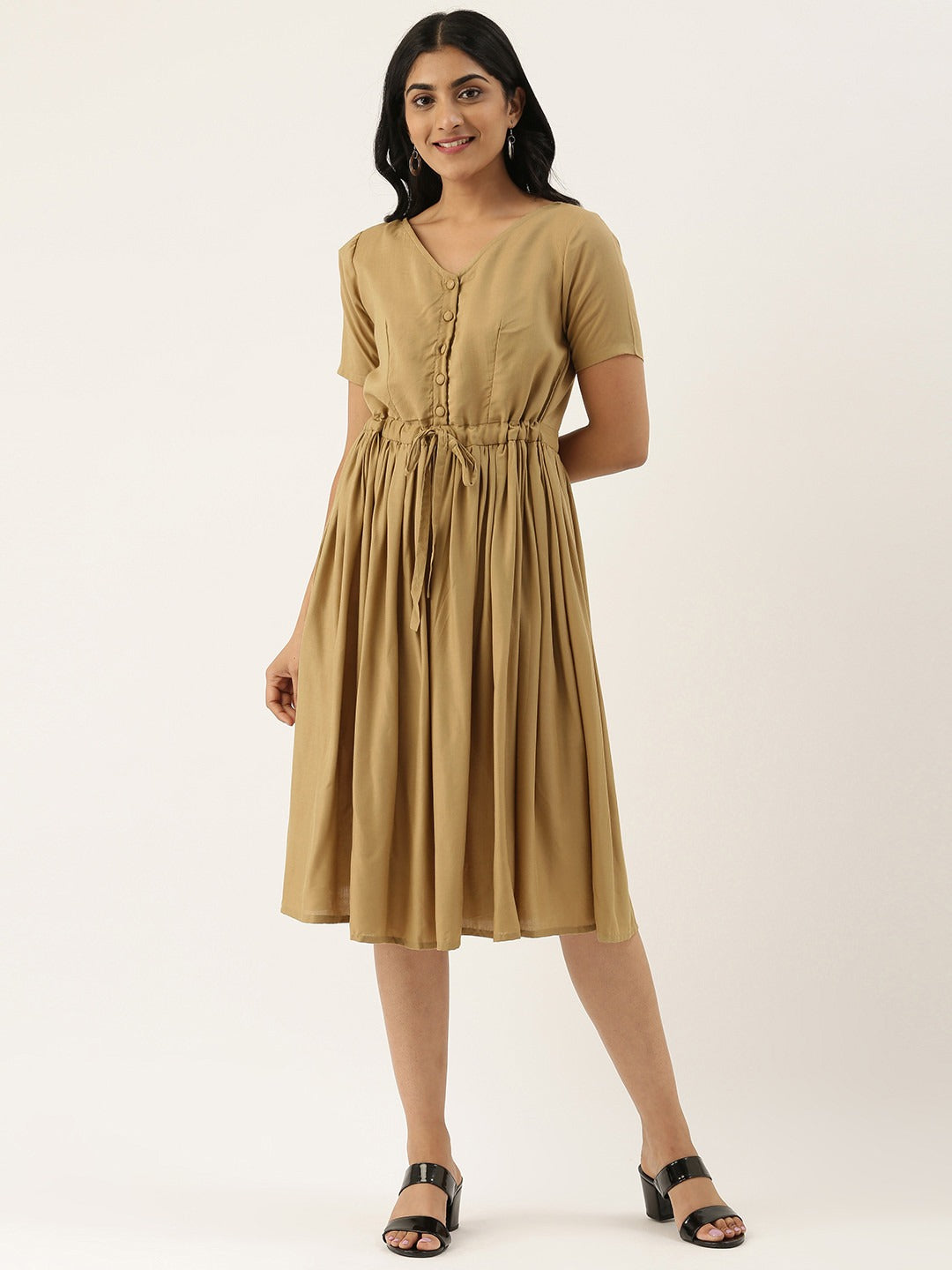 Bollywood Vogue Ready To Wear Khaki Modal V Neck Dress - Detail View
