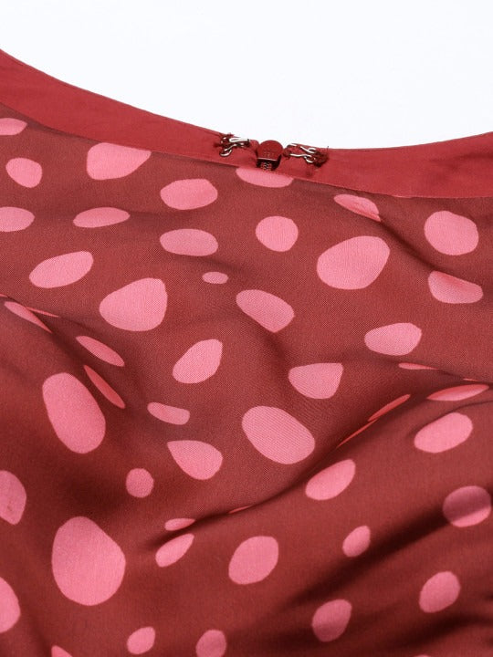 Bollywood Vogue Ready To Wear Maroon Satin Printed handkerchief Gown - Detail View