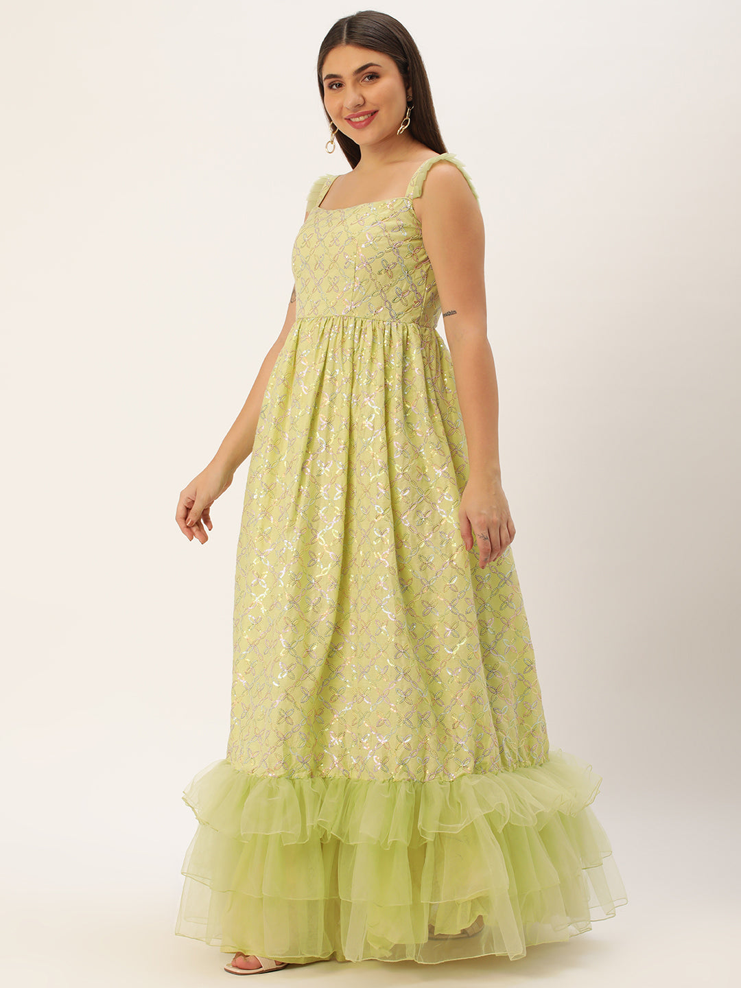 Bollywood Vogue Ready To Wear Green Cotton Sequins Embroidered Gown - Side View