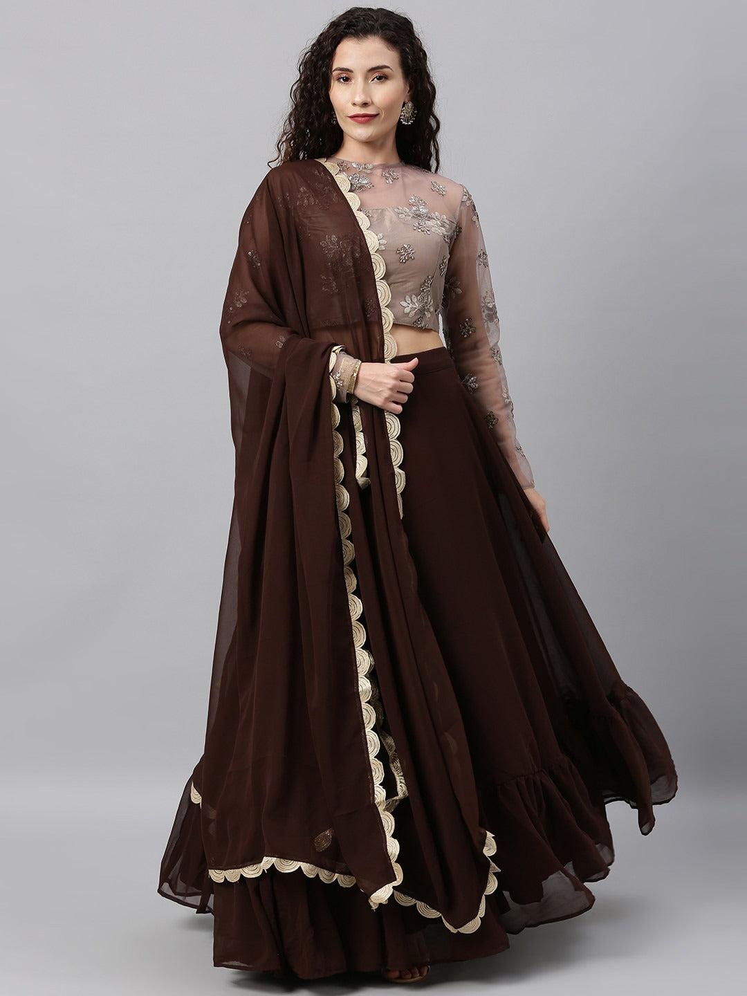 Bollywood Vogue Ready To Wear Grey Embroidered Net N Brown Lehenga Set - Front View