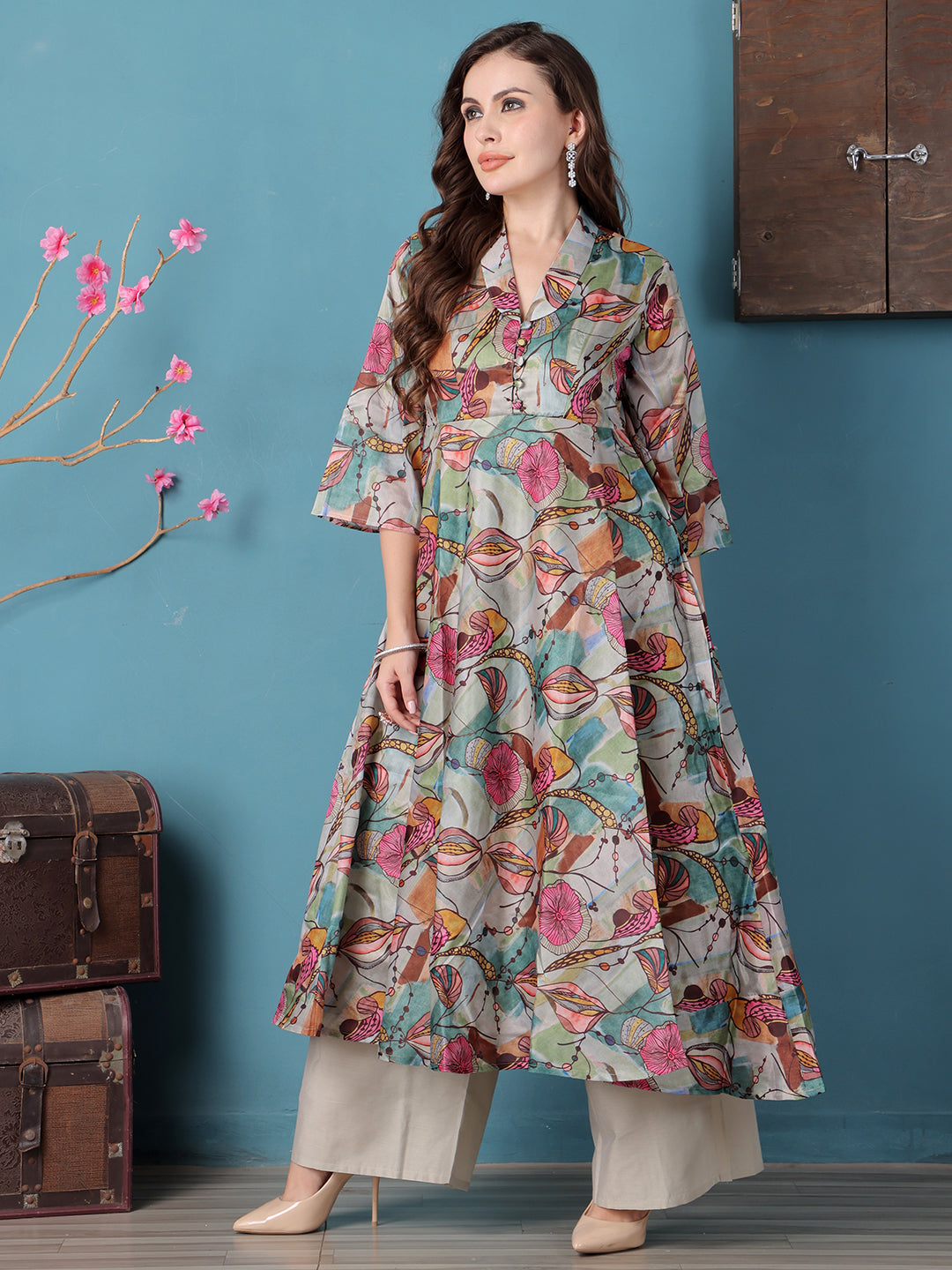 Bollywood Vogue Ready To Wear Multicolored Crepe Digital Printed Kurta Set - Front View
