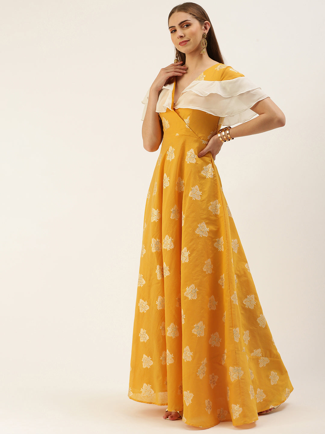 Bollywood Vogue Ready To Wear Mustard Art Silk Ruffled Dress - Detail View