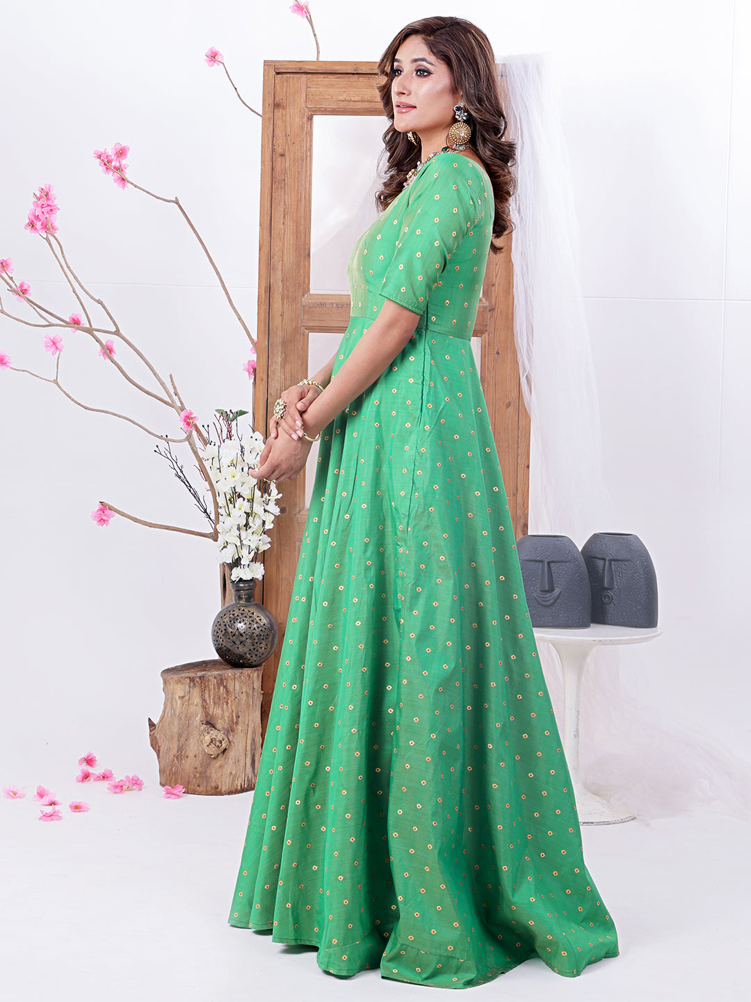 Bollywood Vogue Ready To Wear Green Taffeta Gown - Side View