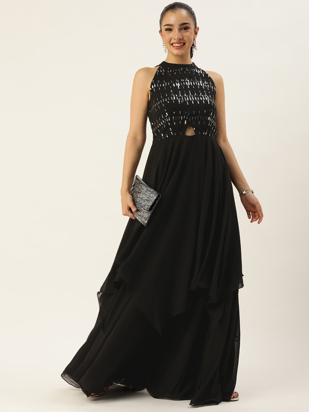 Bollywood Vogue Ready To Wear Black Embroidered Halter Neck Gown - Front View