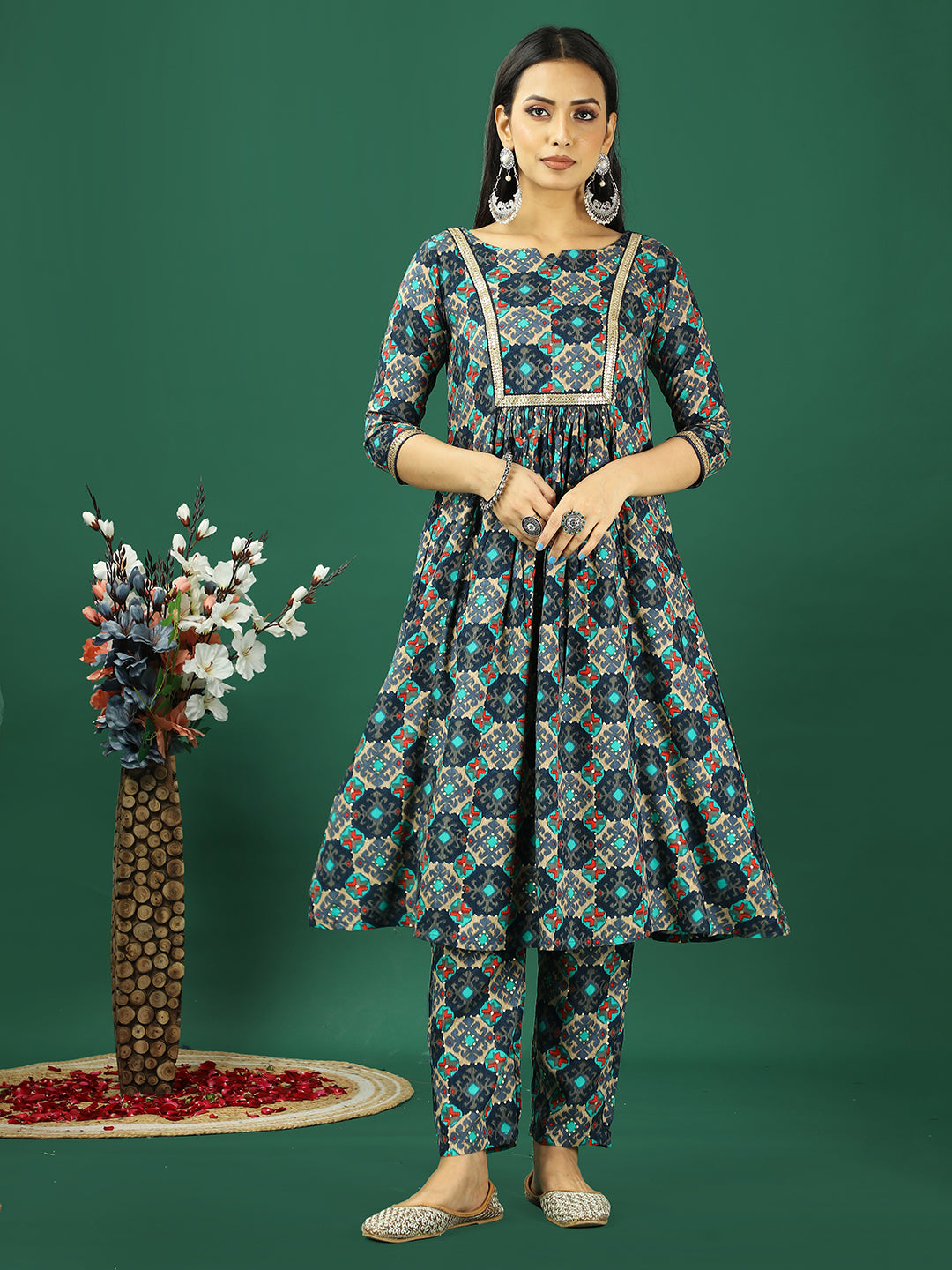 Bollywood Vogue Ready To Wear Blue Printed Viscose Kurta Straight Pant Set - Front View