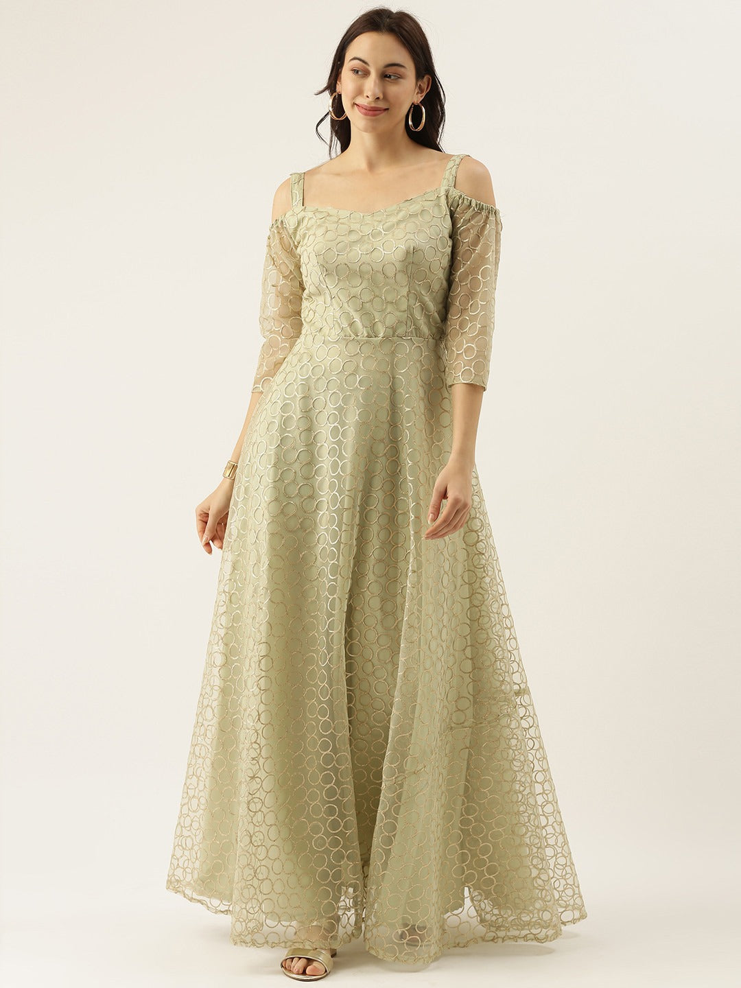 Bollywood Vogue Ready To Wear Green Net Embroidered Strap Neck Gown - Front View