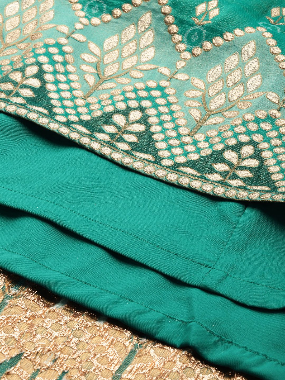 Bollywood Vogue Ready To Wear Green Art Silk Print Zari Pleated Lehenga Set - Additional View 1