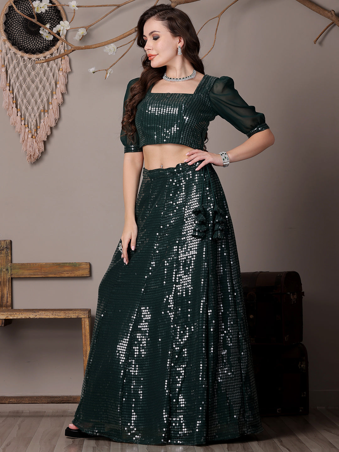 Bollywood Vogue Ready To Wear Green Georgette Embroidered Lehenga - Detail View