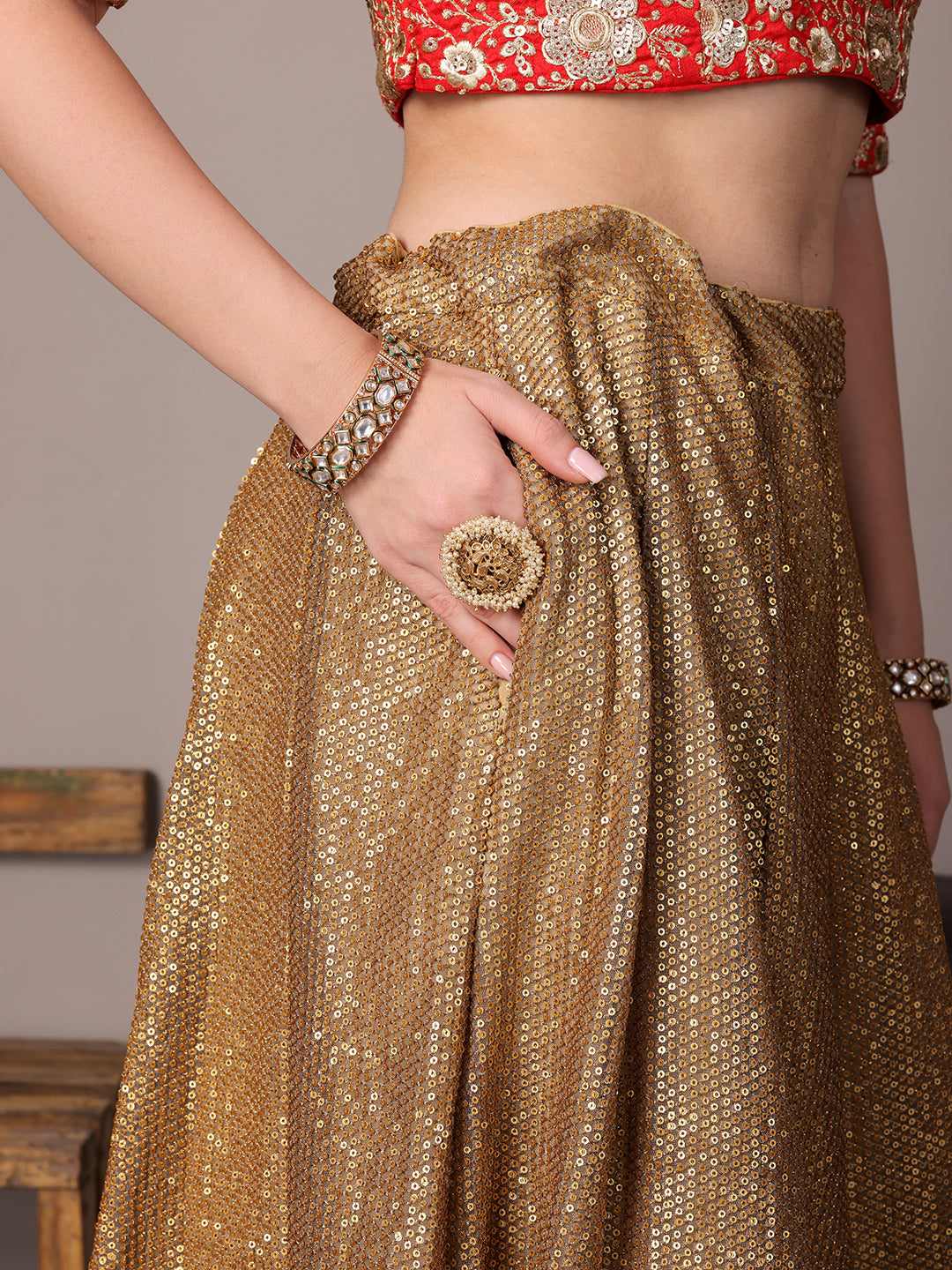Bollywood Vogue Ready To Wear Red Embroidered N Gold Sequins Lehenga Set - Additional View 2