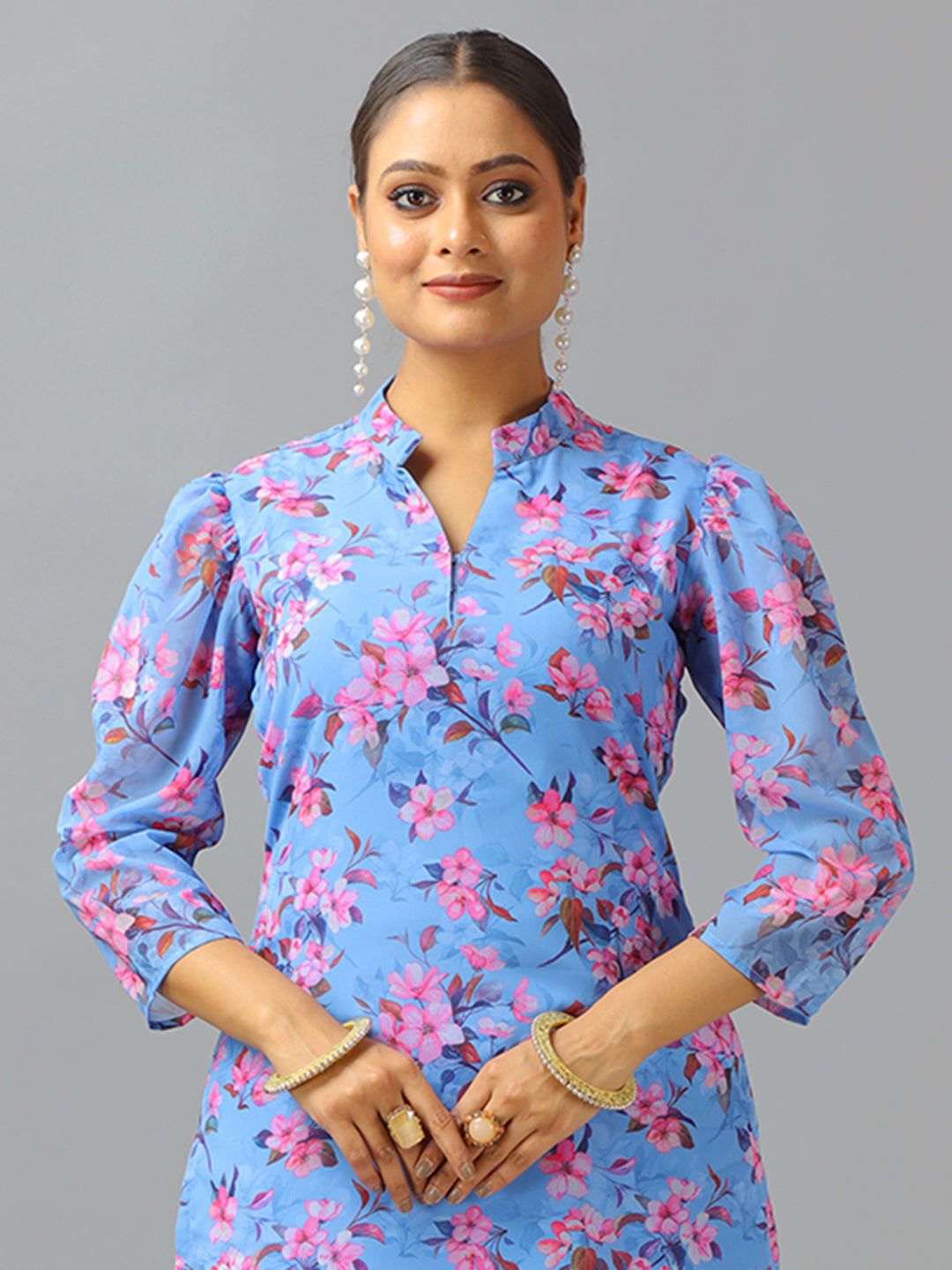 Bollywood Vogue Ready To Wear Blue N White Georgette Kurta Palazzo Set - Detail View