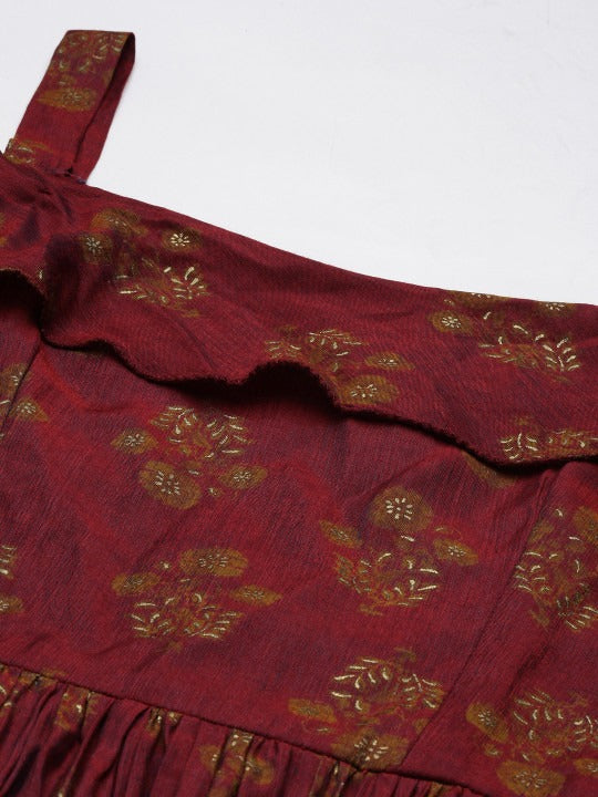 Bollywood Vogue Ready To Wear Maroon Rayon Printed Strap Neckline Dress - Side View
