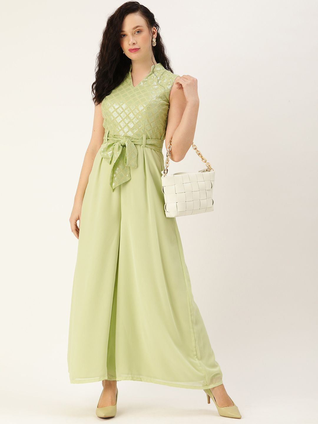 Bollywood Vogue Ready To Wear Green Embroidered Collar Neck Jumpsuit - Detail View