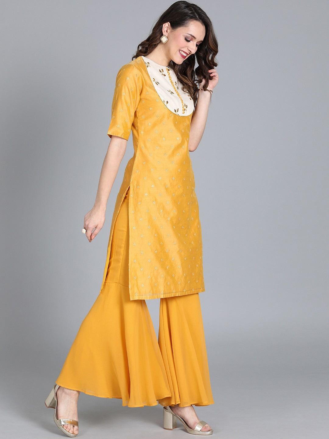Bollywood Vogue Ready To Wear Yellow Embroidered Gharara suit - Side View
