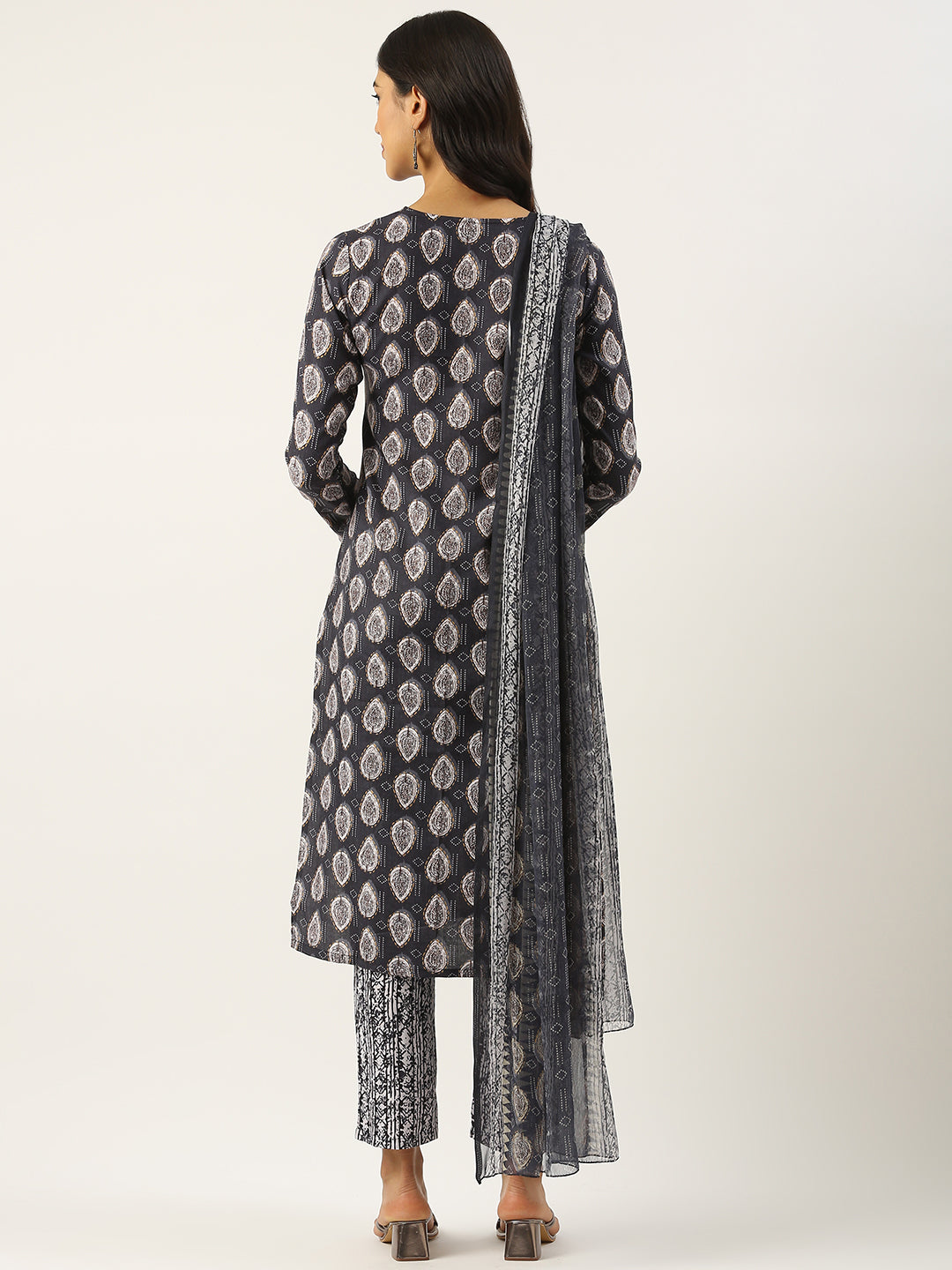 Bollywood Vogue Ready To Wear Black Semi Cotton Printed Straight Pant Suit - Back View
