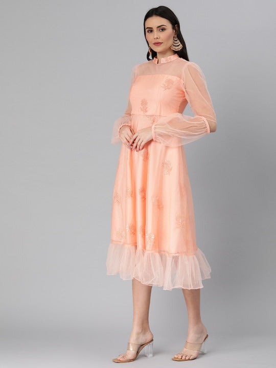 Bollywood Vogue Ready To Wear Peach Organza Embroidered Midi Dress - Side View