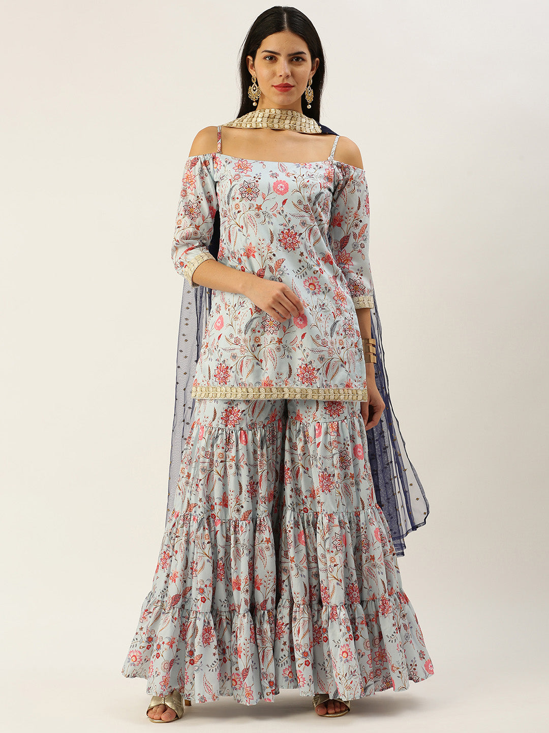 Bollywood Vogue Ready To Wear Pale Blue Lily Art Silk Printed Gharara Set - Front View
