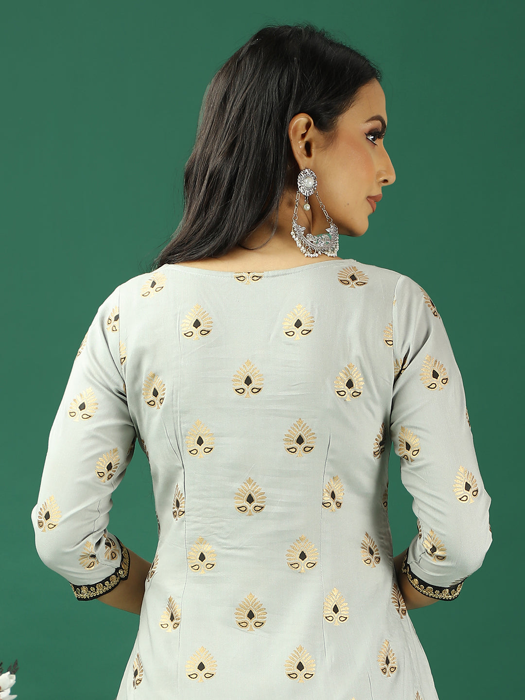 Bollywood Vogue Ready To Wear Grey Rayon Foil Printed N Black Kurta Set - Look Shot