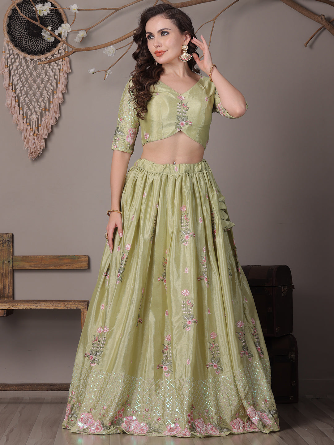 Bollywood Vogue Ready To Wear Green Chinon Embroidered Lehenga - Look Shot