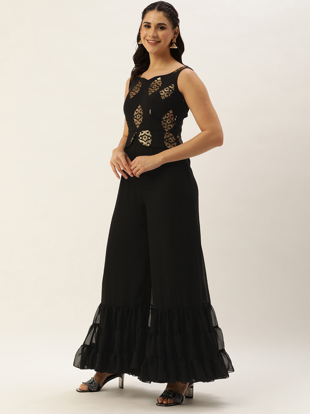 Bollywood Vogue Ready To Wear Black Georgette Sequins Jumpsuit - Side View