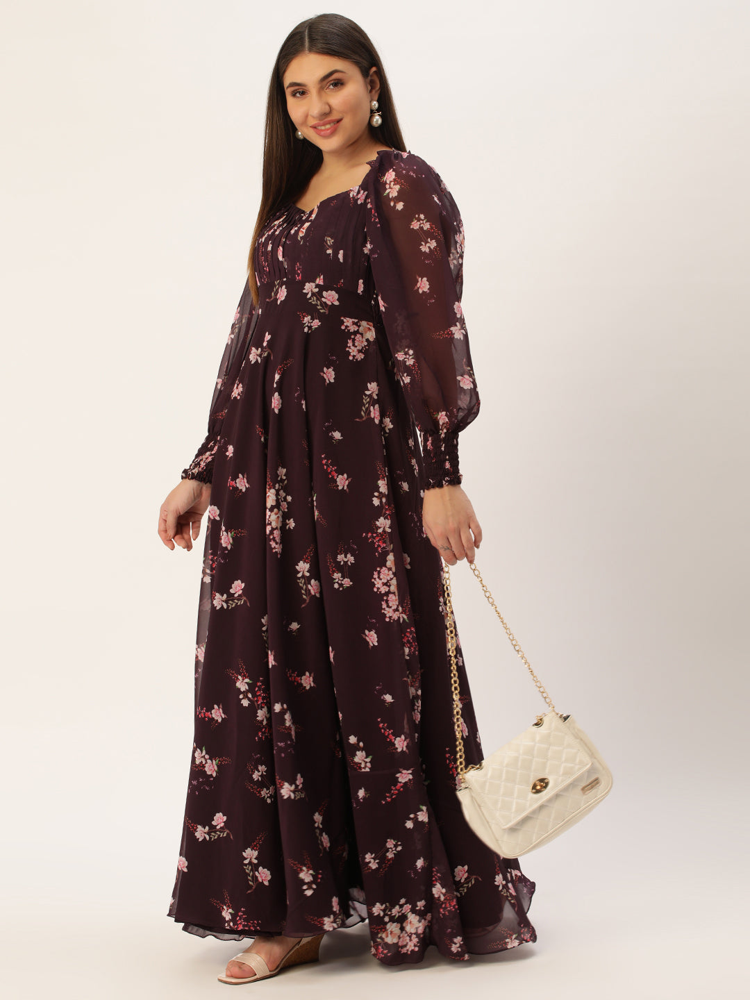 Bollywood Vogue Ready To Wear Purple Georgette Printed Pleated Yoke Gown - Detail View