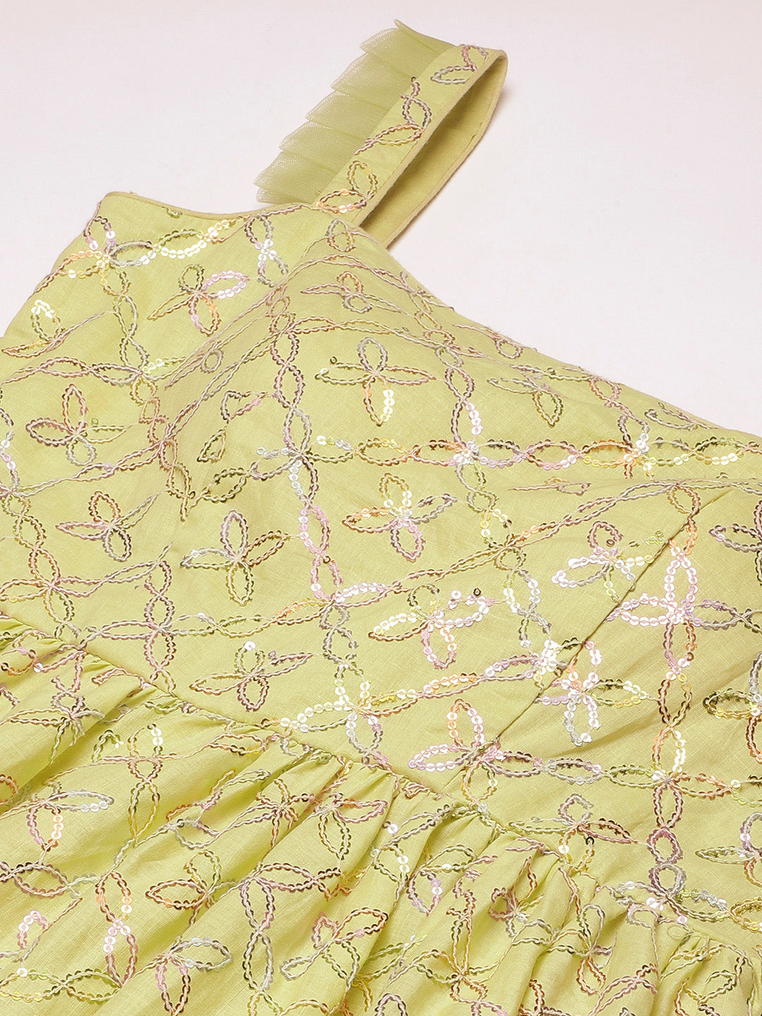 Bollywood Vogue Ready To Wear Green Cotton Sequins Embroidered Gown - Detail View