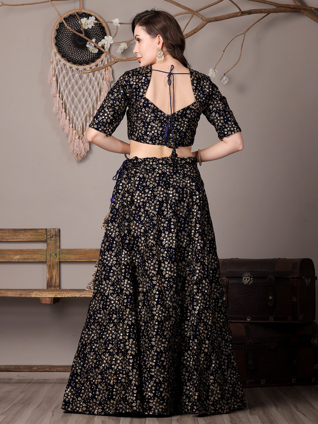 Bollywood Vogue Ready To Wear Blue Embroidered Velvet Lehenga - Look Shot