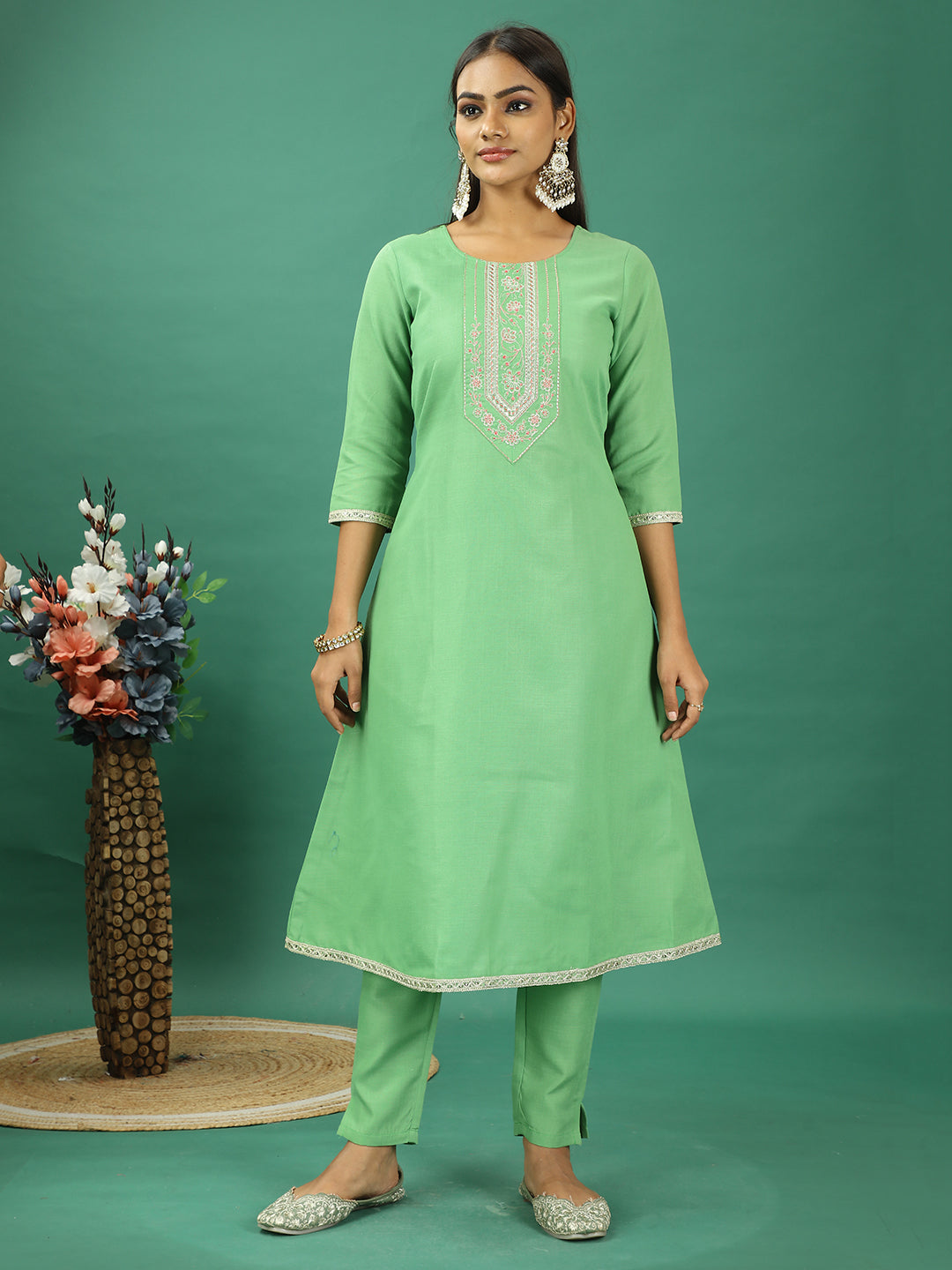 Bollywood Vogue Ready To Wear Green Rayon Embroidered Narrow Straight Pant Suit - Side View